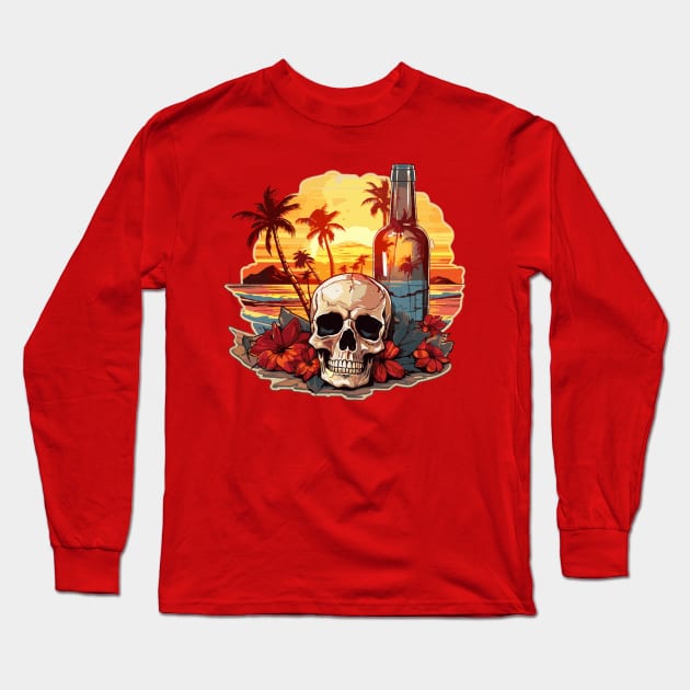 Skull and Empty Bottle - Summer Paradise (Black Lettering) Long Sleeve T-Shirt by VelvetRoom